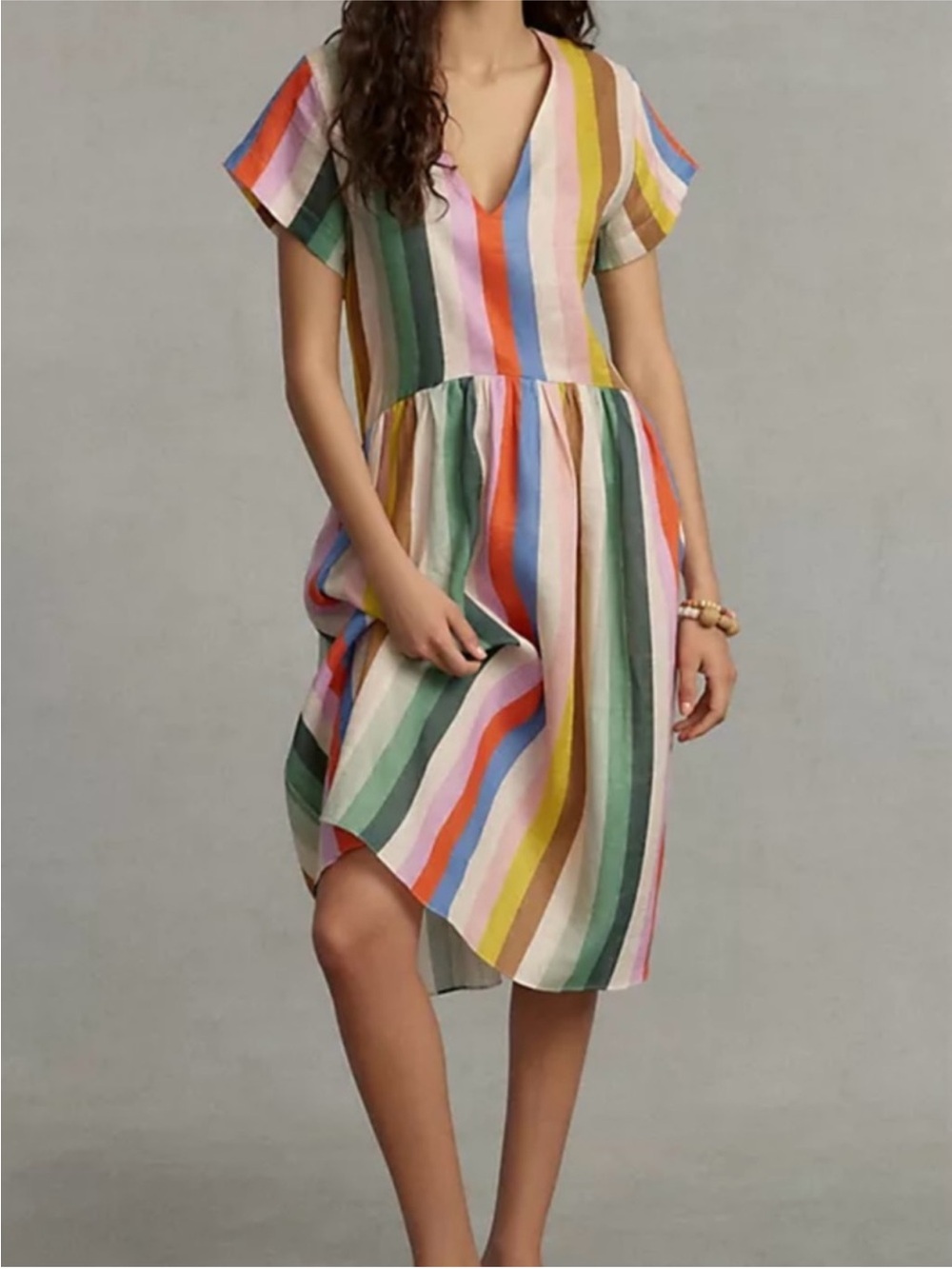 Anthropologie Whit Two Linen Multicolor Stripe V-Neck Dress Size M